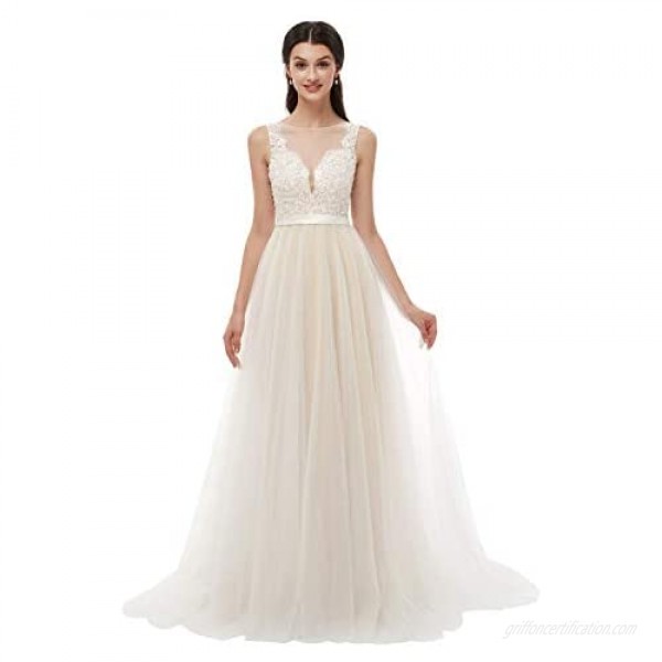 Leyidress Beach Wedding Dress A-Line Bridal Gown Ivory Pearl Tulle Women Dress