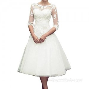 macria Women's Tea Length 3/4 Sleeve Lace Wedding Dresses Bridal Gowns