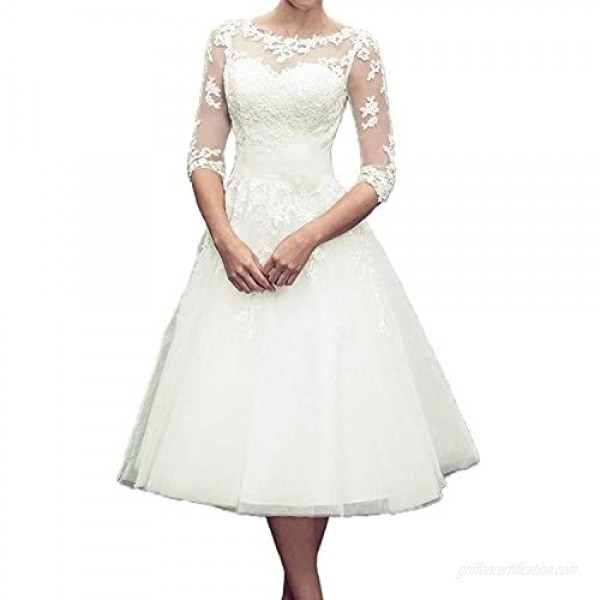 macria Women's Tea Length 3/4 Sleeve Lace Wedding Dresses Bridal Gowns