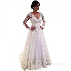 Meganbridal 2020 Women's V Neck Long Sleeves Lace Tulle A Line Wedding Dresses for Bride Bridal Ball Gown with Train
