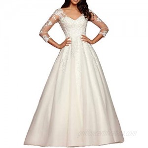Meganbridal A Line Wedding Dress for Women Bride 2020 V Neck Bridal Ball Gowns with Long Sleeves Lace Tulle