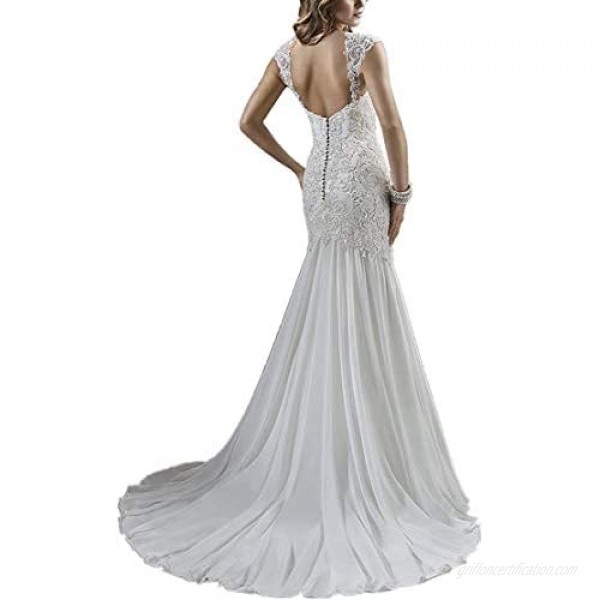 Meganbridal Elegant Women's Cap Sleeves Beaded Crystal Lace Appliques Mermaid Wedding Dresses for Bride Bridal Gown