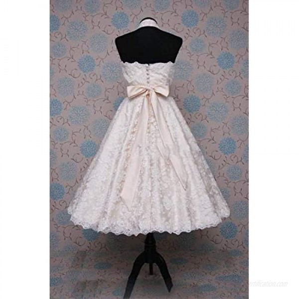 Meganbridal Vintage 50s 60s Short Halter Neck Lace Wedding Dresses with Appliques Tea Length Party Gown for Women Bride