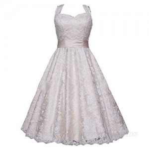 Meganbridal Vintage 50s 60s Short Halter Neck Lace Wedding Dresses with Appliques Tea Length Party Gown for Women Bride