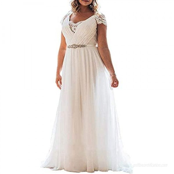 Meganbridal White Ivory Lace Chiffon Plus Size Beach Wedding Dresses for Women Bride 2020 with Train Short Sleeves