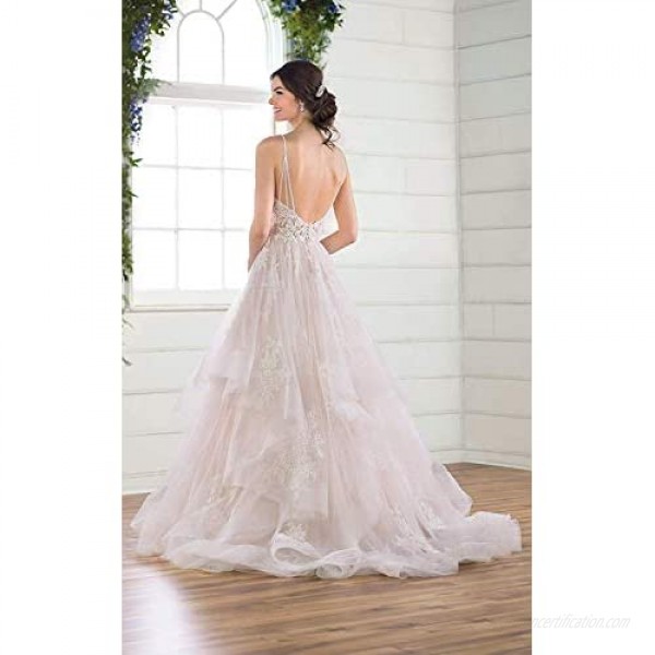 Melisa Spaghetti Tulle V Neck Pleated Beach Wedding Dress for Bride with Train Beach Bridal Ball Gowns