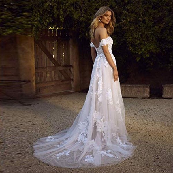 Melisa Women's Lace Appliques A Line Off The Shoulder Wedding Dresses for Bride with Train Tulle Long Bridal Ball Gowns