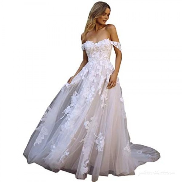 Melisa Women's Lace Appliques A Line Off The Shoulder Wedding Dresses for Bride with Train Tulle Long Bridal Ball Gowns