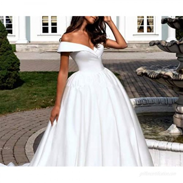 Melisa Women's Satin A-Line Off The Shoulder Wedding Dresses for Bride with Folden V-Neck Bridal Ball Gowns