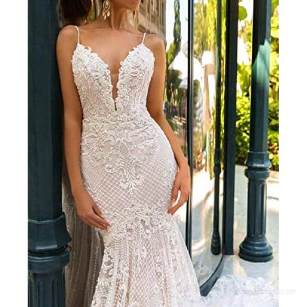 Melisa Women's Spaghetti Straps Lace Beaded Wedding Dresses for Bride with Train Beach Bridal Ball Gown