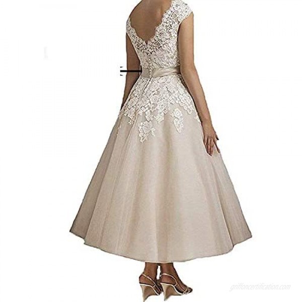 Princess Women's Lace Vintage Sweetheart Appliques Tea Length Wedding Dress 2020 Cap Sleeves A Line Bridal Gown