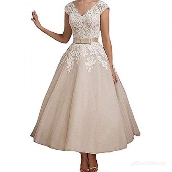 Princess Women's Lace Vintage Sweetheart Appliques Tea Length Wedding Dress 2020 Cap Sleeves A Line Bridal Gown