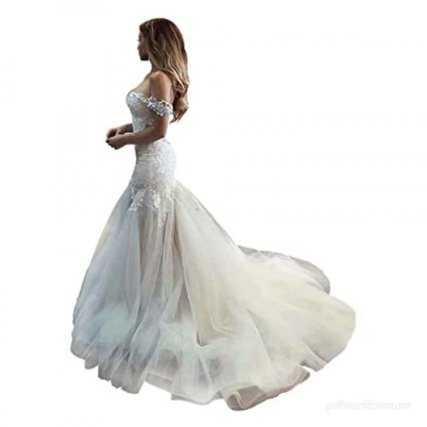 QueenBridal Cathedral Train Mermaid Wedding Dress Beaded Applique Off Shoulder Bride Dresses QU89