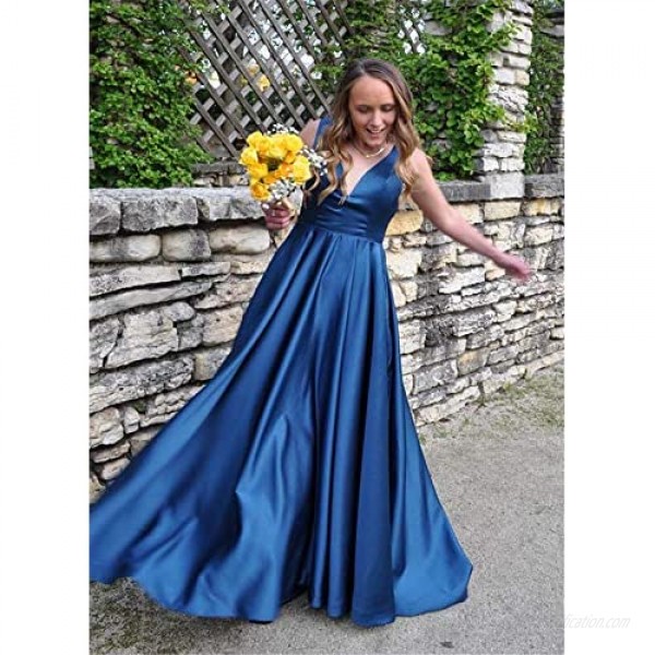 Rjer Satin Prom Dresses for Women Ball Gown Long V Neck A Line Sleeveless Formal with Pockets