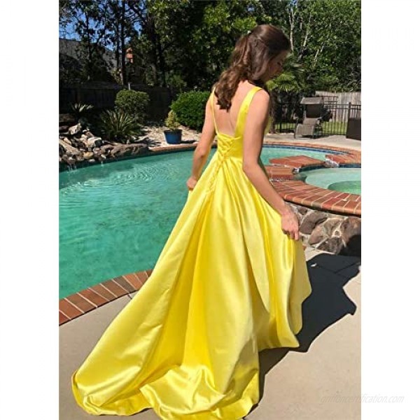 Rjer Satin Prom Dresses for Women Ball Gown Long V Neck A Line Sleeveless Formal with Pockets