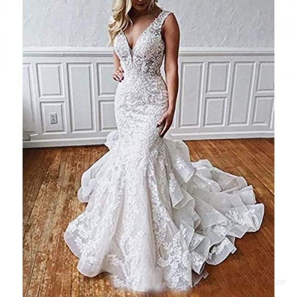 Solandia Women's Lace Applique Backless Bridal Ball Gowns Mermaid Wedding Dresses for Bride 2021