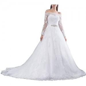 tutu.vivi Women's Gorgeous Lace Off Shoulder Wedding Dresses Long Sleeves Ball Gown with Belt