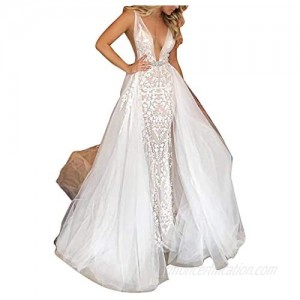 Women's Elegant Lace Mermaid Wedding Dresses for Bride with Detachable Train Bridal Ball Gown
