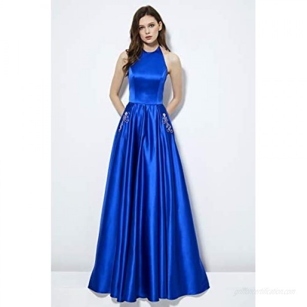 Women's Halter A-line Beaded Satin Evening Prom Dress Long Formal Ball Gown with Pockets