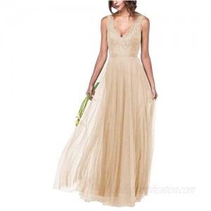 Women's Lace Bodice V Neck Sleeveless Long Bridesmaid Dress for Girls A Line Sleeveless Formal Party Gown