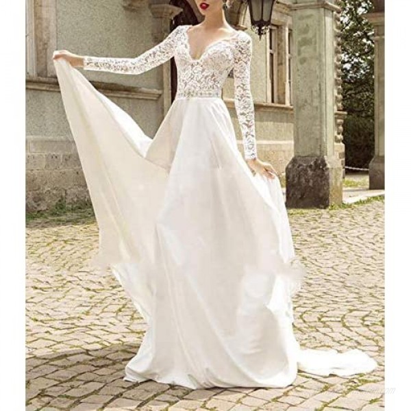 Women's V-Neck A-line Lace Applique Long Sleeve Modest Wedding Dress Bridal Gown Plus Size