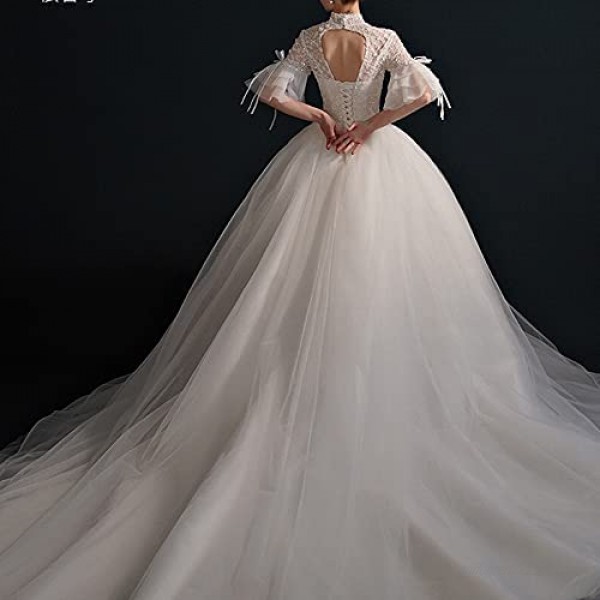 XHRHao Sequin Design Wedding Dresses Half Sleeve Women's Backless Design Trailing Skirt Bride Dress for Bride Party Ball Bridal Dress (Color : White Size : XX-Large)
