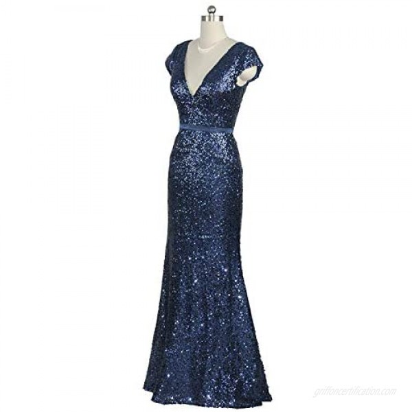 YSMei Women's Long Sequin Evening Gown V Neck Cap Sleeve Prom Dress Ypm323