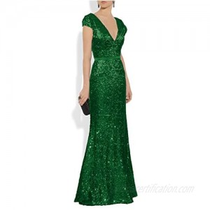 YSMei Women's Long Sequin Evening Gown V Neck Cap Sleeve Prom Dress Ypm323
