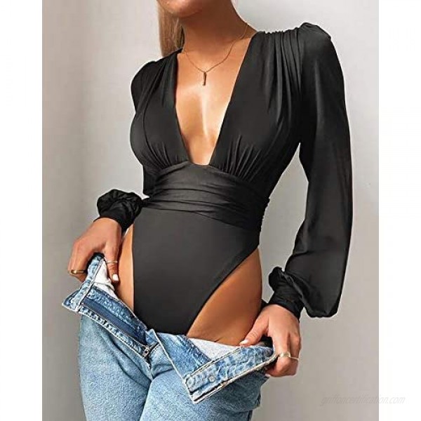 CHICME Women’s Sexy Deep V Neck Wrap Front Lantern Sleeve Ruched Bodysuit Jumpsuit
