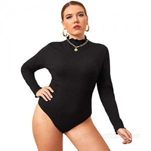 Floerns Women's Plus Size Rib Knit Mock Neck Long Sleeve Bodysuit Jumpsuit