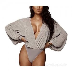 IyMoo Sexy Body Suit Tops for Women Club Jumpsuits Long Sleeve V Neck Pleated Loose Bodysuits Tops Shirts