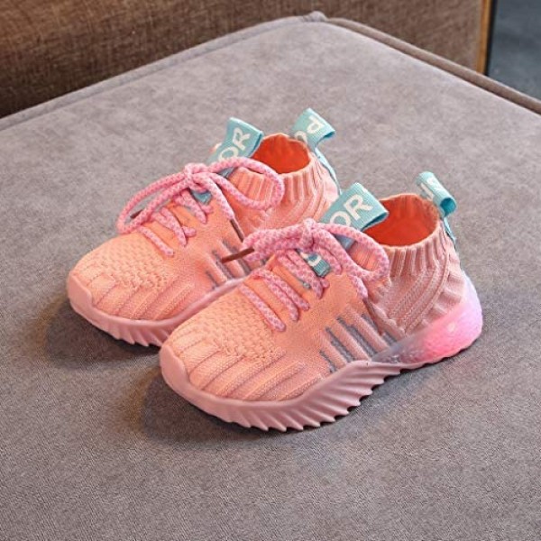 Kids LED Light Up Flashing Sneakers Girls Boys Soft Knit Breathable Slip on Walking Shoes (Toddler/Little Kid)