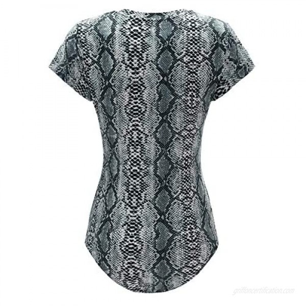 MakeMeChic Women's Animal Skin Print Short Sleeve V-Neck Leotard Tops Bodysuit Snake Gray M