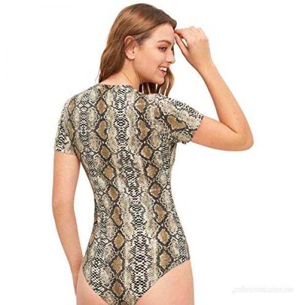 MakeMeChic Women's Animal Skin Print Short Sleeve V-Neck Leotard Tops Bodysuit Snake L