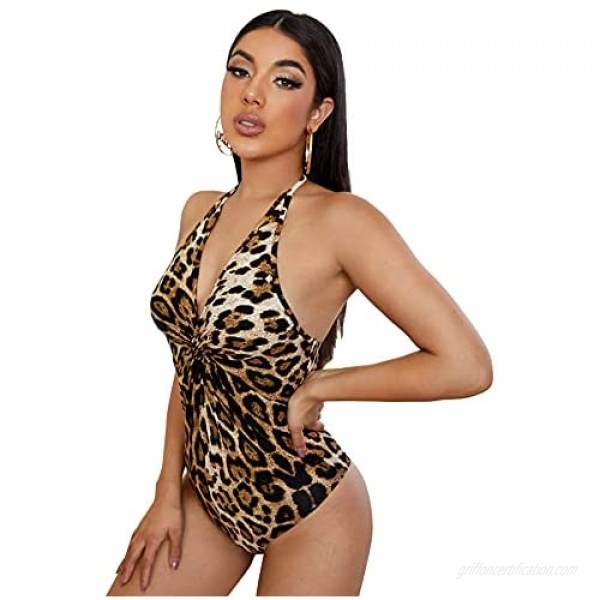 Milumia Women's Leopard Print Twist Front Halter V Neck Backless Sleeveless Bodysuit Top