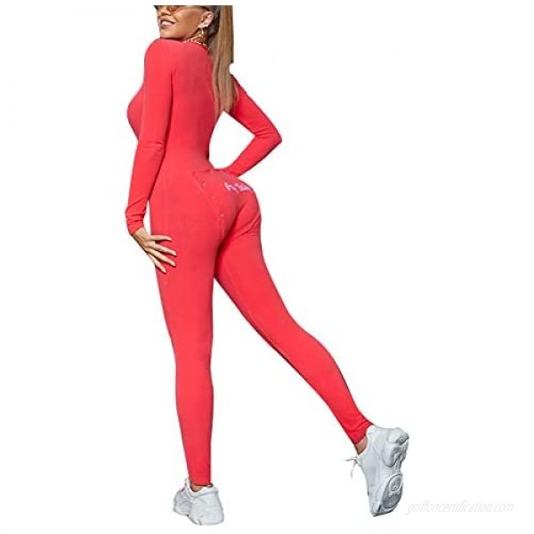 Mioliknya Women's Sexy Deep V Neck Butt Button Back Flap Jumpsuit Long Sleeve One Piece Pajamas