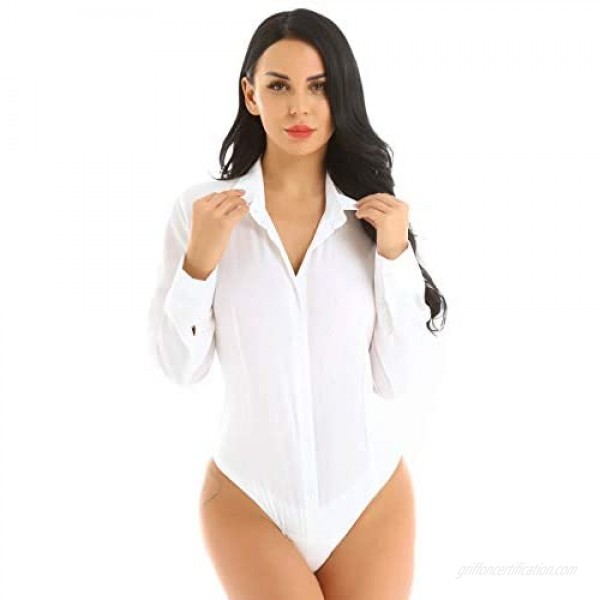 Oyolan Womens One Piece Long Sleeves Button Down Shirt Bodysuit Easy Care Work Leotard