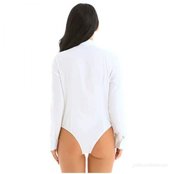 Oyolan Womens One Piece Long Sleeves Button Down Shirt Bodysuit Easy Care Work Leotard