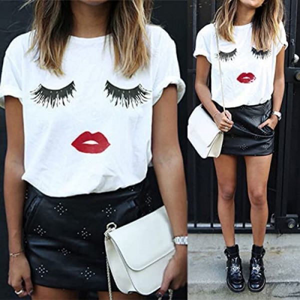 Qsctys Eyelash Lip Summer Short Sleeve T-Shirt for Women- Graphic Trendy O-Neck Tops Tees Softstyle Loose Casual Blouse
