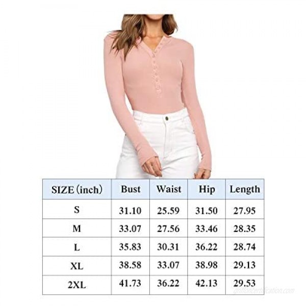 REORIA Women’s V Neck Long Sleeve Button Down Henley Shirt Ribbed Knit Leotards Bodysuits Tops