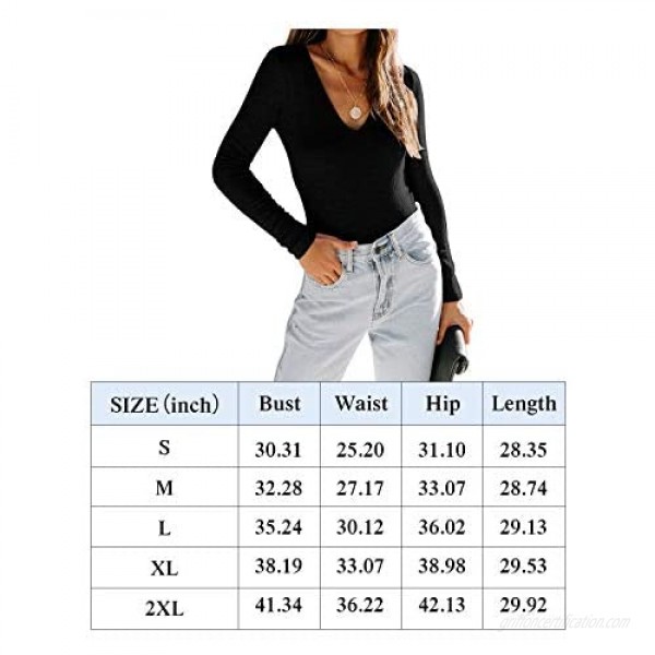REORIA Womens V Neck Long Sleeve Tops Ribbed Knitted Stretchy Basic Leotard Bodysuits Jumpsuit