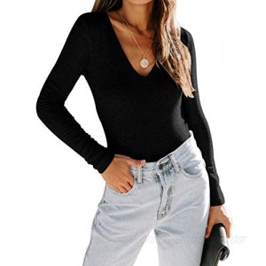 REORIA Womens V Neck Long Sleeve Tops Ribbed Knitted Stretchy Basic Leotard Bodysuits Jumpsuit
