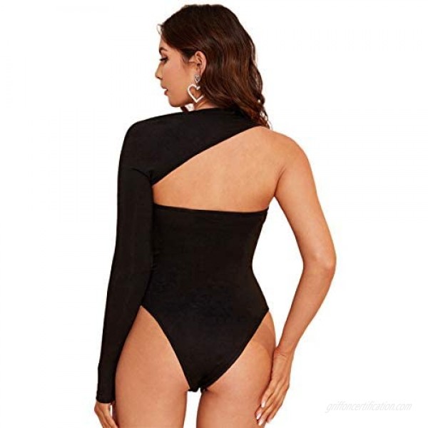 Romwe Women's Summer One Shoulder Long Sleeve Cut Out Front Thong Bodysuit