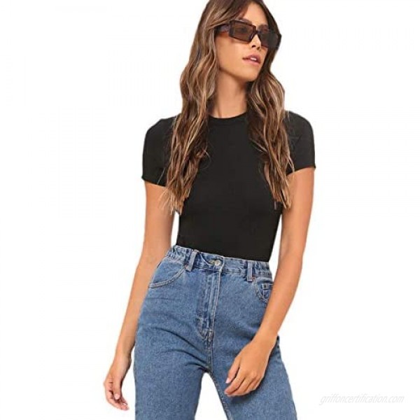 SheIn Women's Crew Neck T Shirts Short Sleeve Solid Form Fitted Bodysuit
