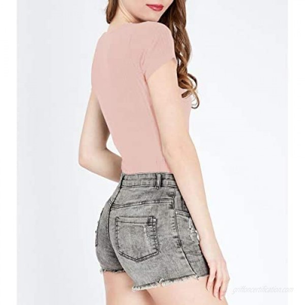 Women's Deep V Neck Bodysuit Short Sleeve Elastic Jumpsuit Tops (Pink M)