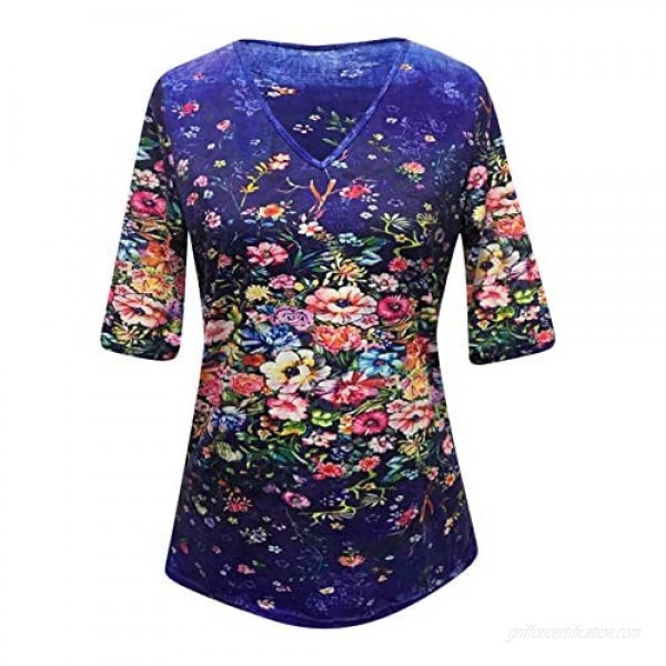 Womens Half Sleeve V-Neck T-Shirt Floral Painting Print Loose Flowy Comfy Summer Tops Graphic Trendy Tunic Shirts Tees