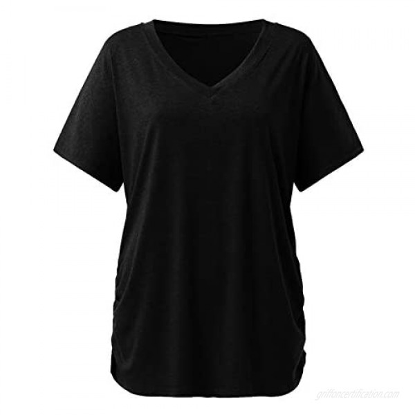Womens Summer Shirts Short Sleeve V Neck Solid Color Pullover Tops with Side Shirring Casual Loose Blouse Comfy T-Shirt