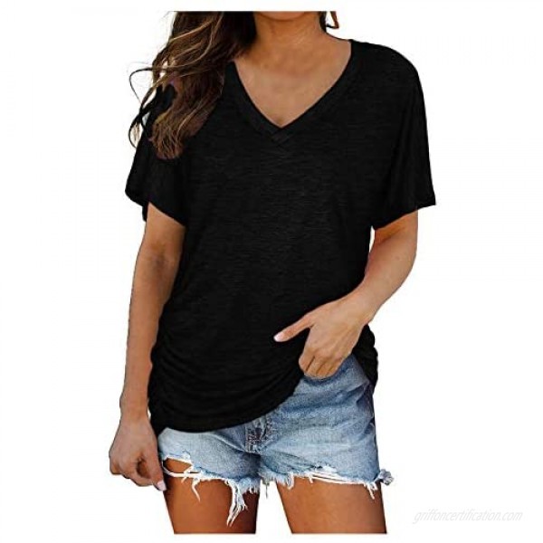 Womens Summer Shirts Short Sleeve V Neck Solid Color Pullover Tops with Side Shirring Casual Loose Blouse Comfy T-Shirt