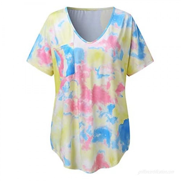 Womens Summer T-shirts Tie-dye Printing V-neck Shirts Casual Short Sleeve Loose Tee Tunic Soft Plus Size Blouse Tops