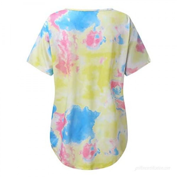 Womens Summer T-shirts Tie-dye Printing V-neck Shirts Casual Short Sleeve Loose Tee Tunic Soft Plus Size Blouse Tops